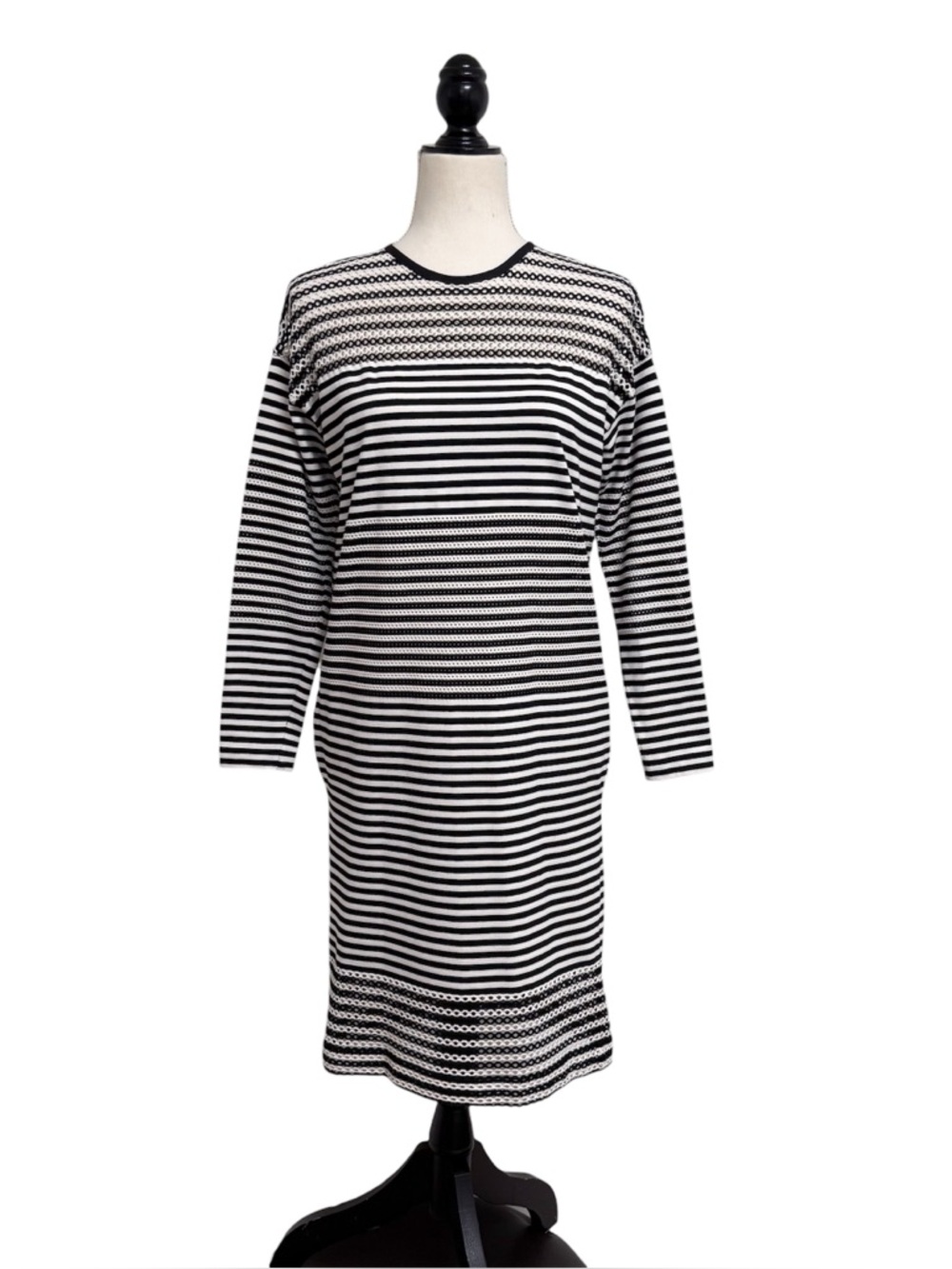Akris Punto Black Ivory Stripe Semi Sheer Laser Cut 3/4 Sleeve Knit Shift Dress